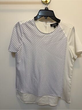 DKNY White Top with Blue Diagonal Stripes